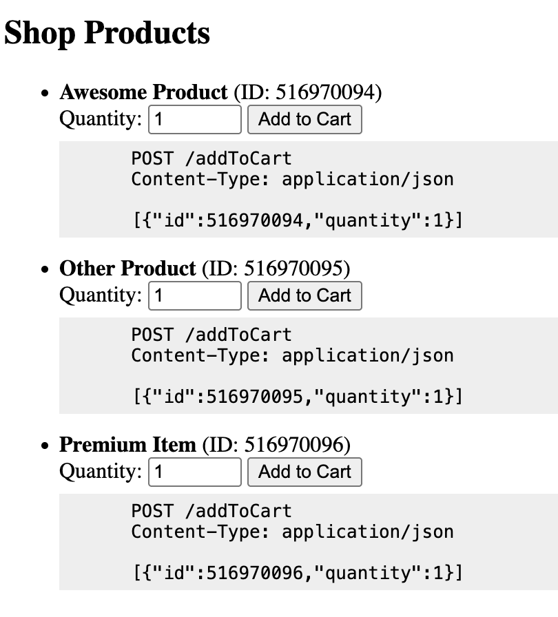 Страница «Shop Products» тестового dummy-бэкенда с кнопками «Add to Cart»