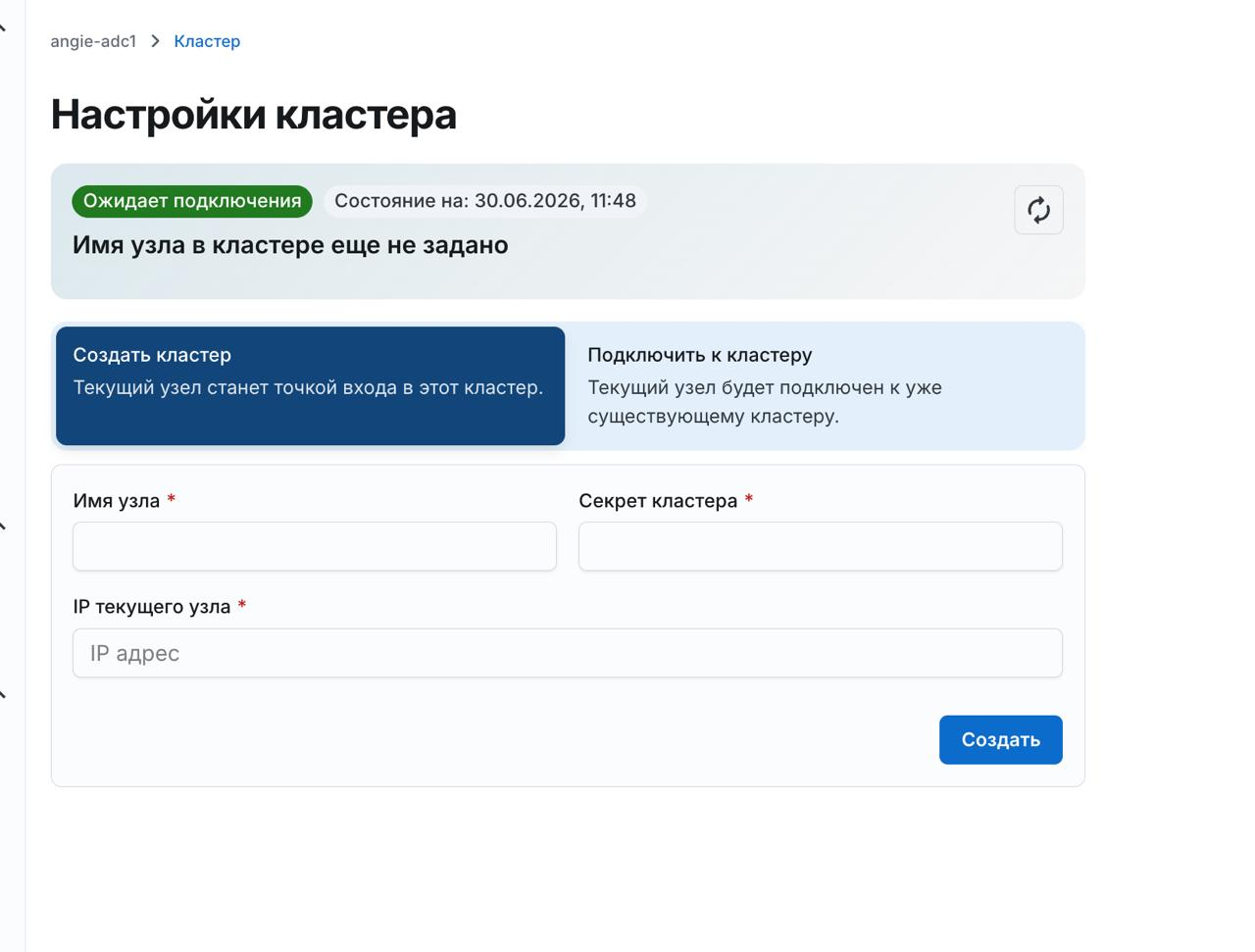 Angie ADC - вкладка "Кластер"