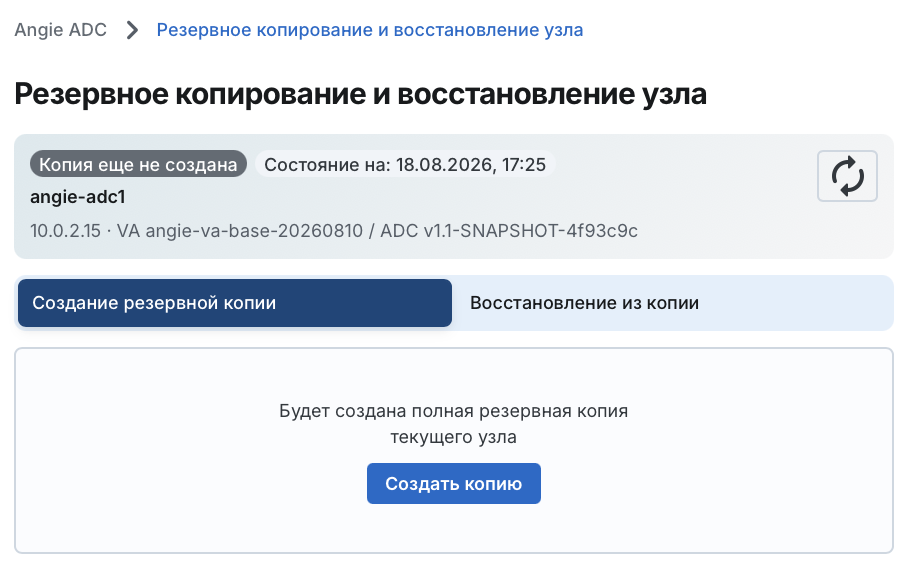 Angie ADC - вкладка "Создание резервной копии"