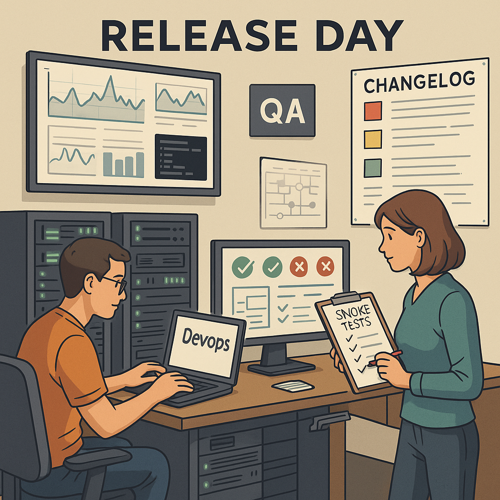 Иллюстрация: release day, QA, DevOps, checklist.