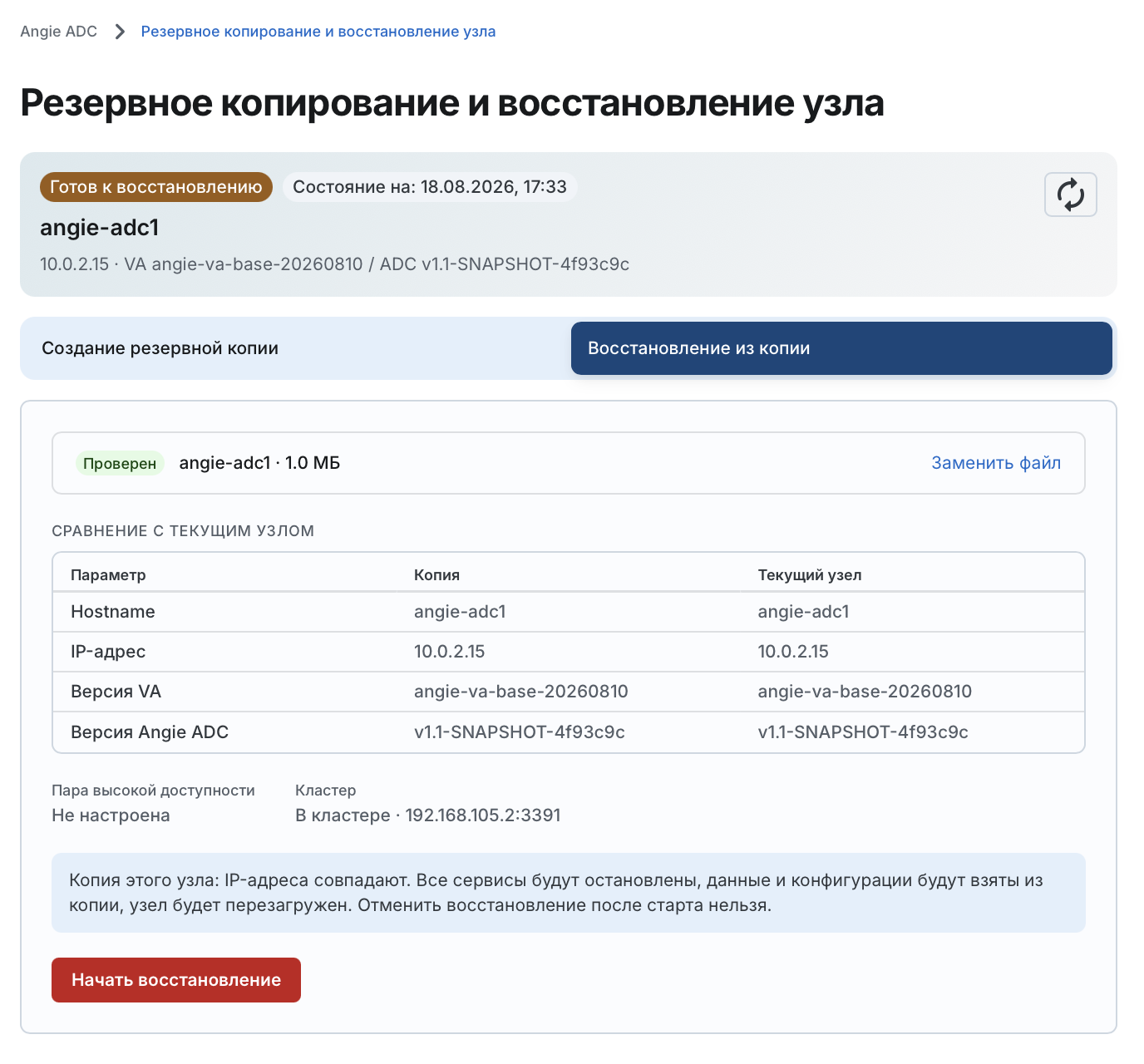 Angie ADC - вкладка "Восстановление из копии"