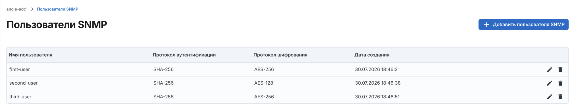Angie ADC - вкладка "Пользователи SNMP"