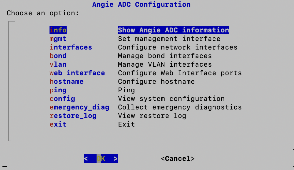 Angie ADC - экран "Основное меню"